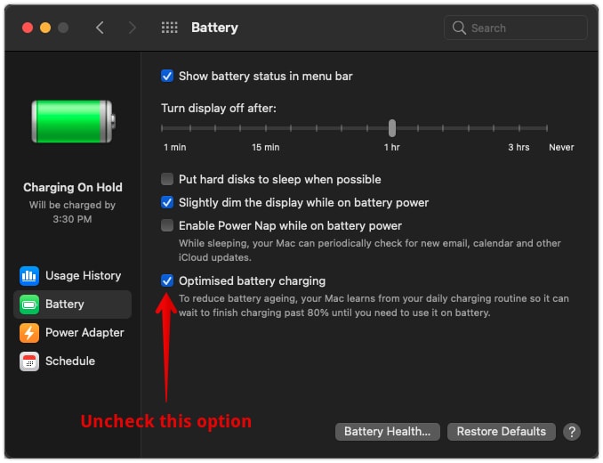 Uncheck Optimised battery charging