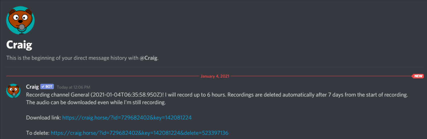 Craig Bot Recording Links Message