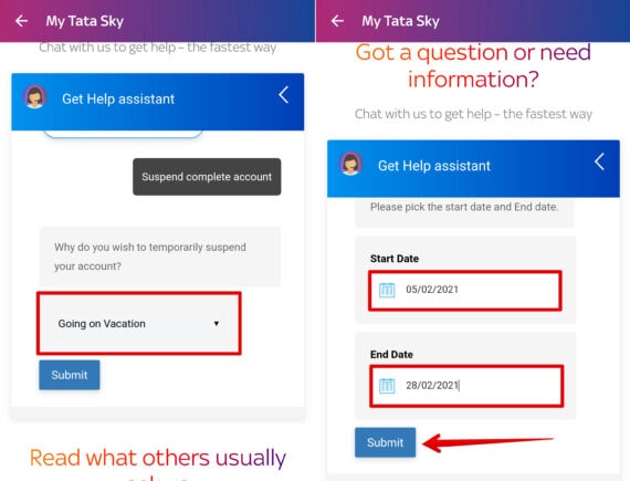 Select Reason Start Date and End Date - Tata Sky Temporary Account Suspension
