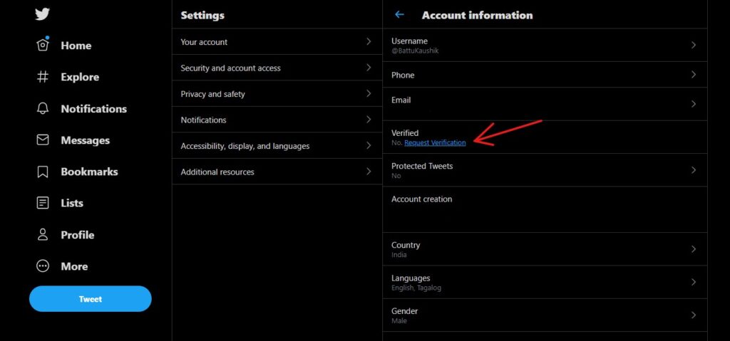 Verifying your Twitter account: Request Verification