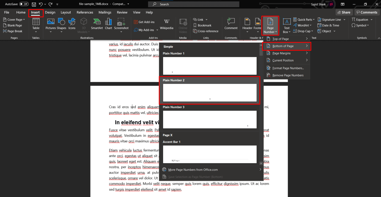 changing page numbering in word