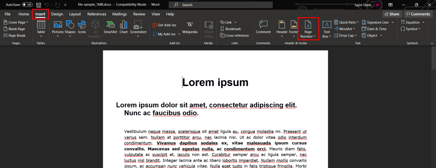 How to Insert Page Numbers in Word - 01