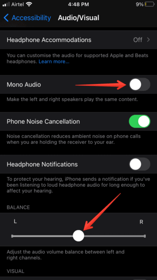 Adjust Audio Visual Balance and Disable Mono Audio to Fix if Left of Right AirPod is Not Working