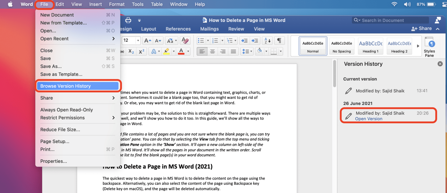 Browse Version History in MS Word