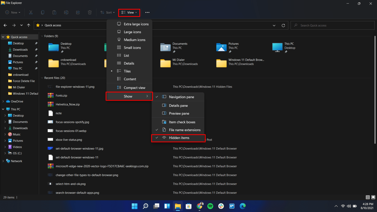 Enable Hidden files using Layout and View Options