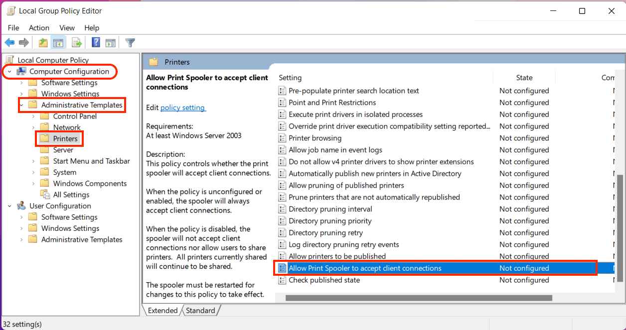 Allow Print Spooler Setting in Group Policy Editor
