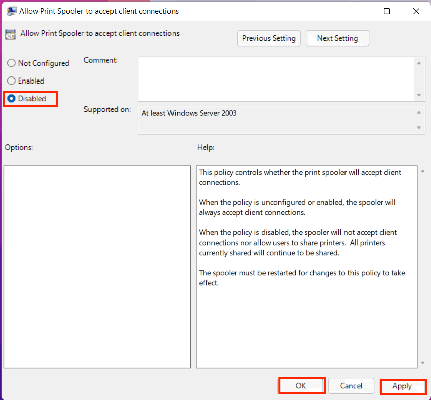 Allow Print Spooler Setting in Group Policy Editor set to Disabled. Click Apply and OK afterward.