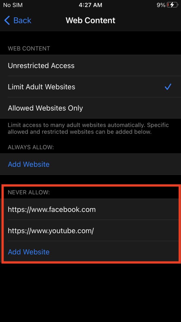 Never Allow these URLs option