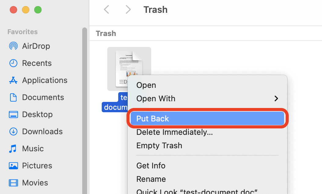 Put Back option by Right-Click in the Trash on macOS