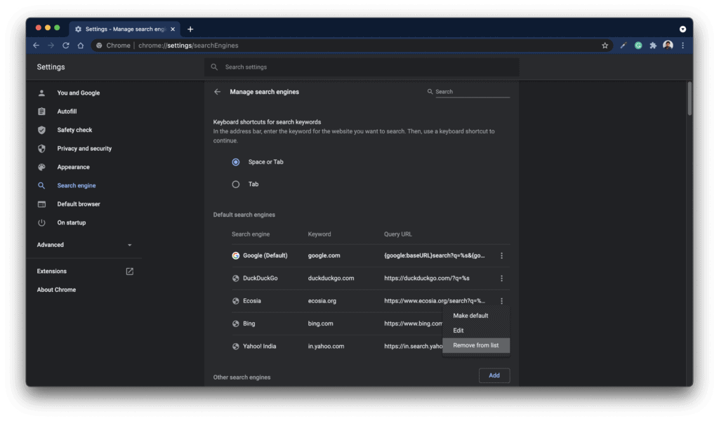Remove Unused Search Engines from Google Chrome to Reduce Memory Usage