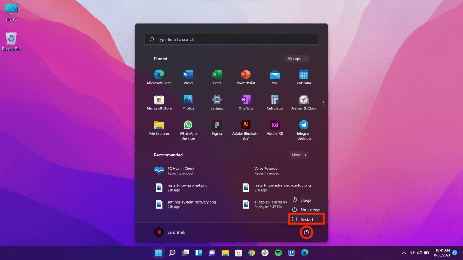 Click Restart holding the Shift menu on Power menu on Windows 11