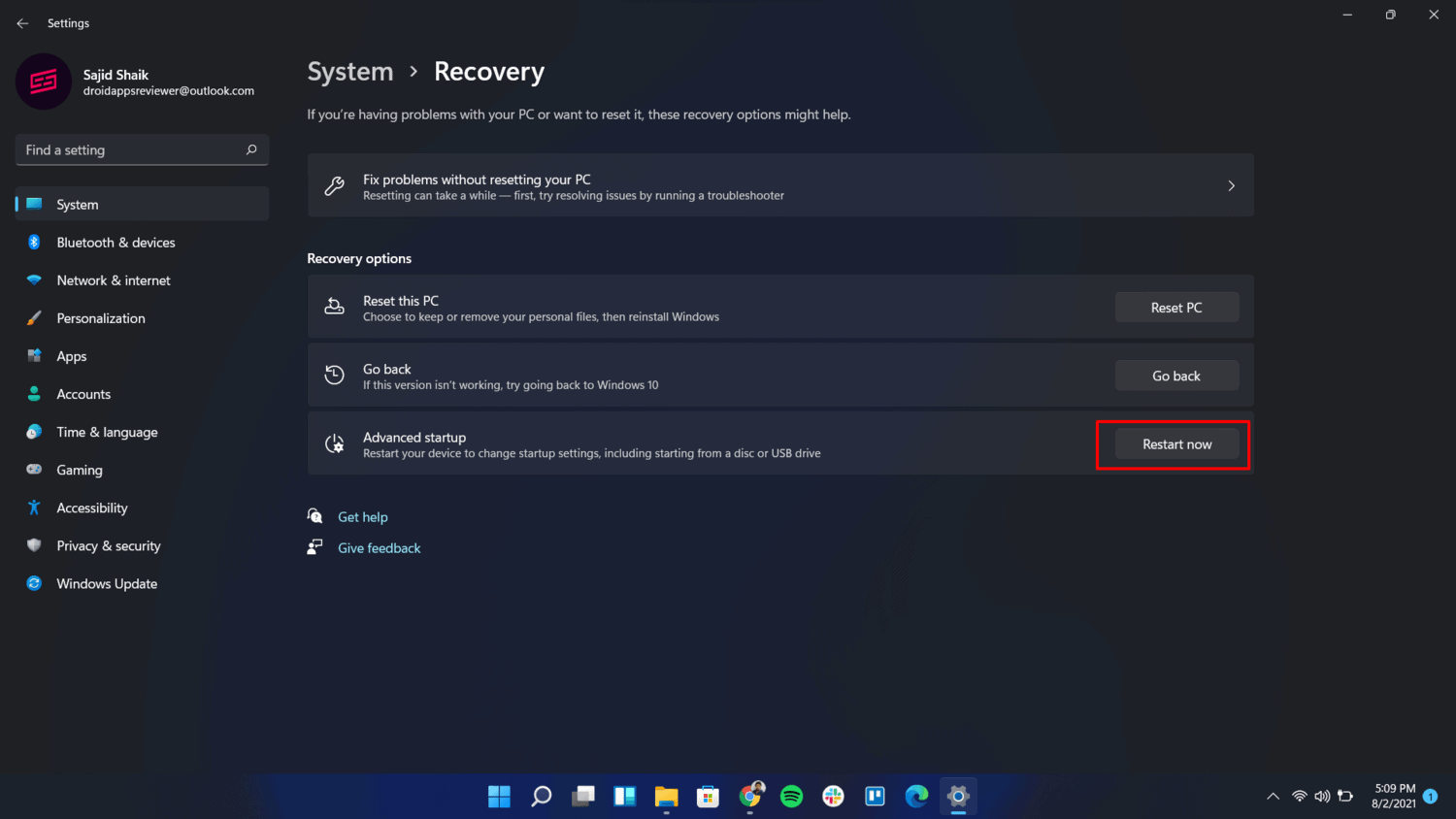 Force Delete a File in Use using Safe Mode - Advanced Startup in Settings (Windows 11)