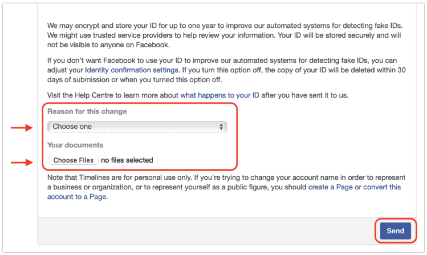 Choose Reason and Upload Documents for Facebook Name Change Request