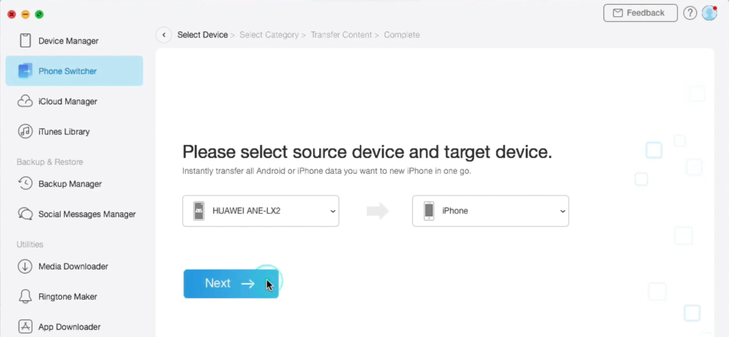 AnyTrans Phone Switcher: Select Source and Target Device