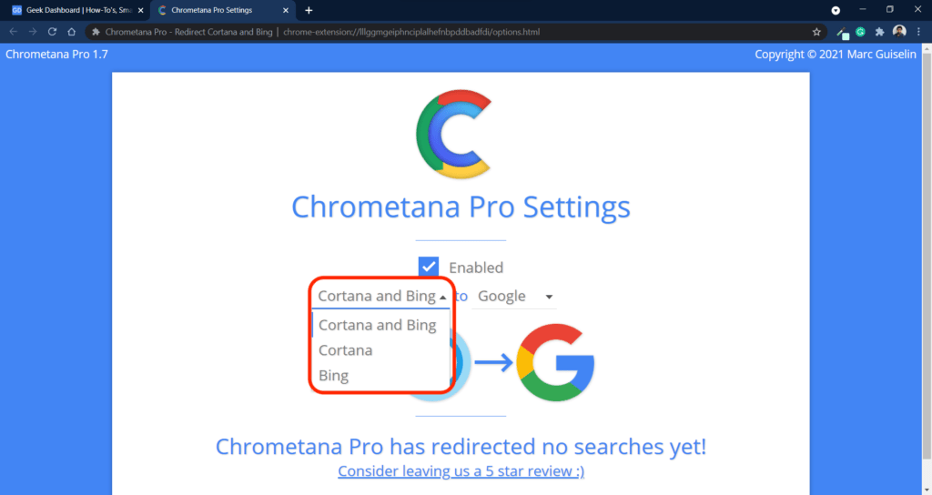 Chrometana Pro Cortana Bing Settings