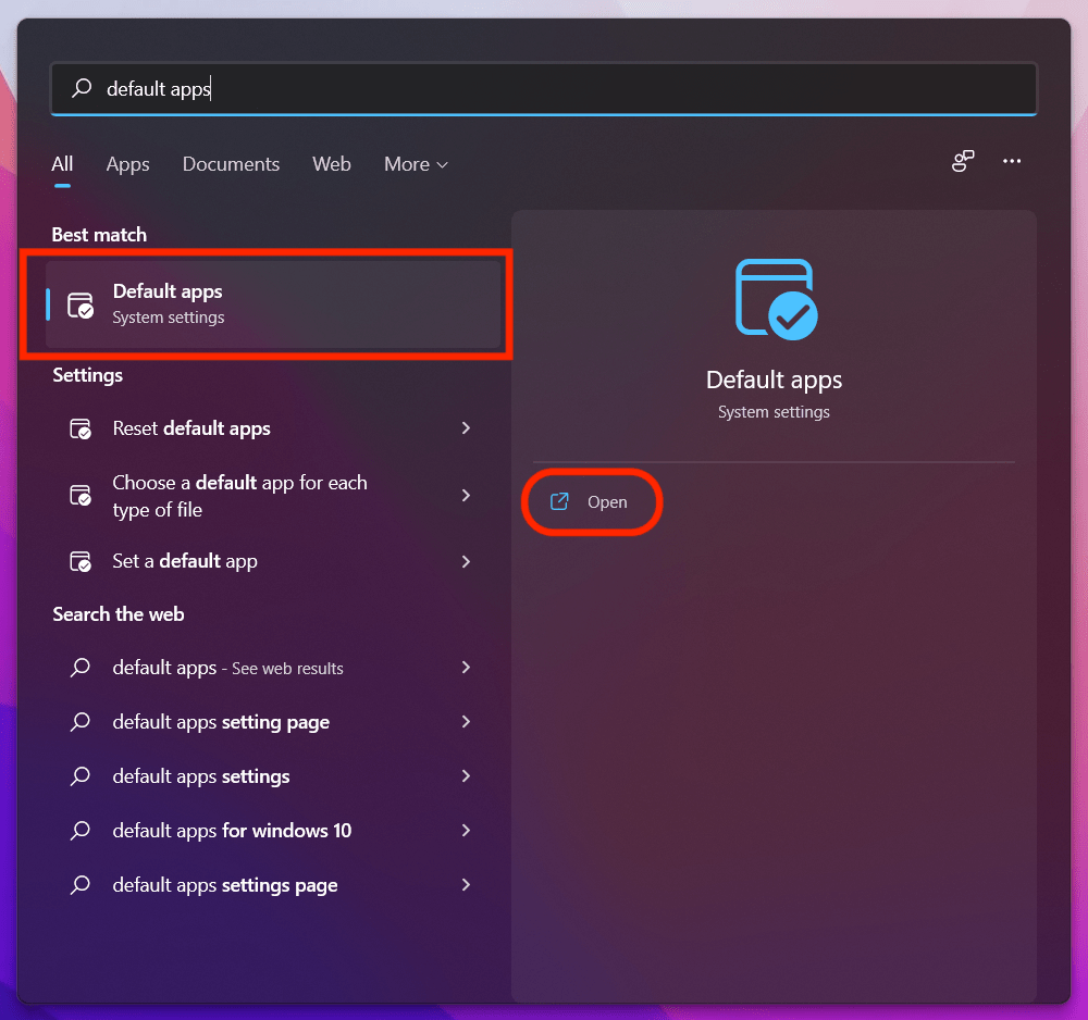 Search and open Default apps in Start Menu