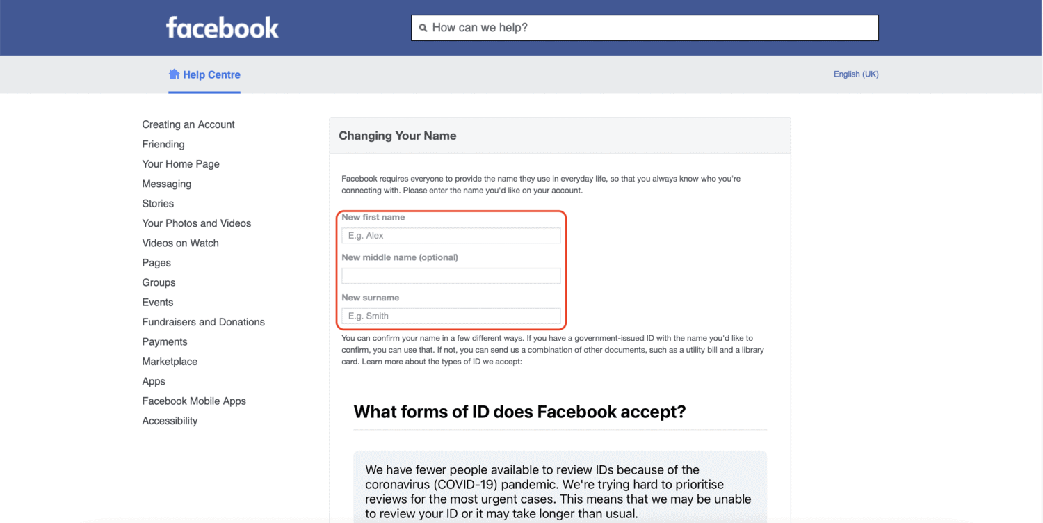 Enter First, Middle, and Last name in Facebook Name Change Request Form
