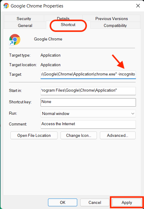 Edit Google Chrome Target Properties on Windows