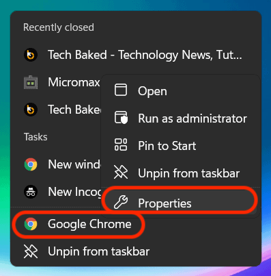 Open Google Chrome Properties on Windows