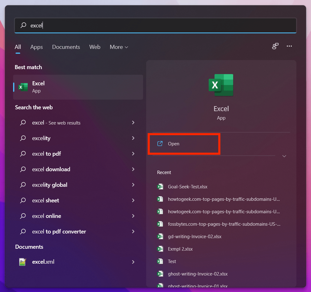 Search Excel and open it from Start Menu