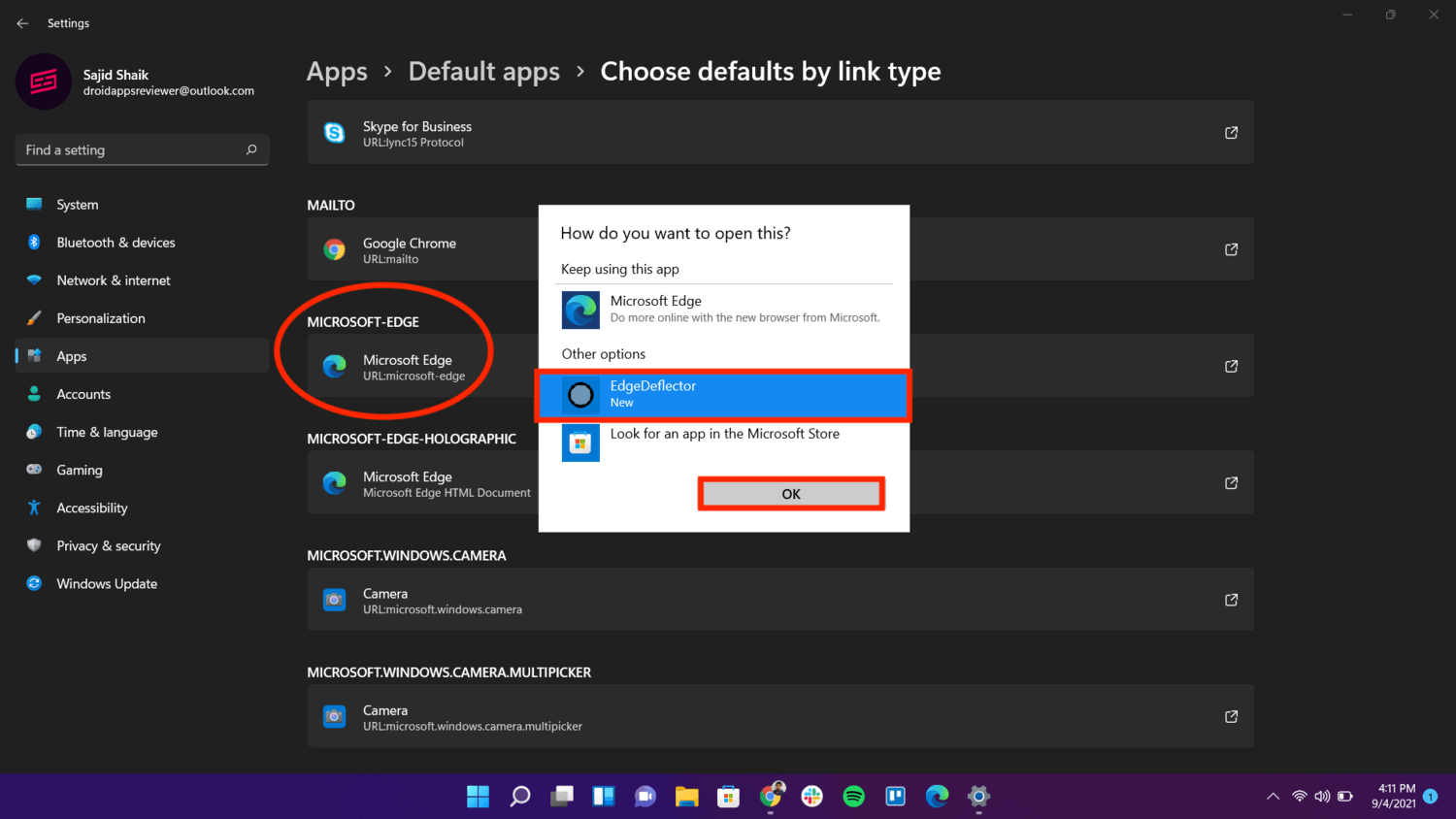 Select Microsoft Edge icon under MICROSOFT-EDGE and select EdgeDeflector and then OK