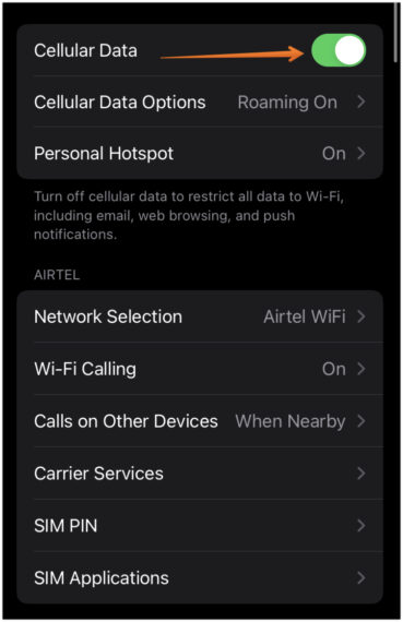 Turn Off Cellular Data to fix if voicemail is not working on iPhone