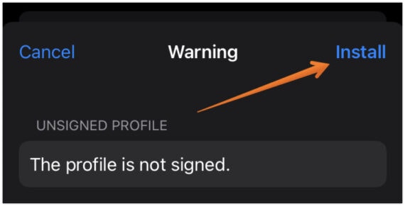 Click on Install on Profile not signed warning