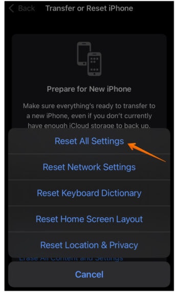 Click on Reset All Settings option