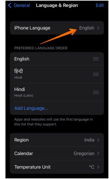 Click on iPhone Language to change the device language