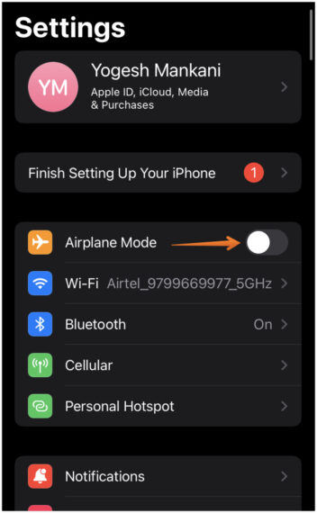 Toggle On and OFF Airplane Mode to Solve Voicemail not working problem in iPhone