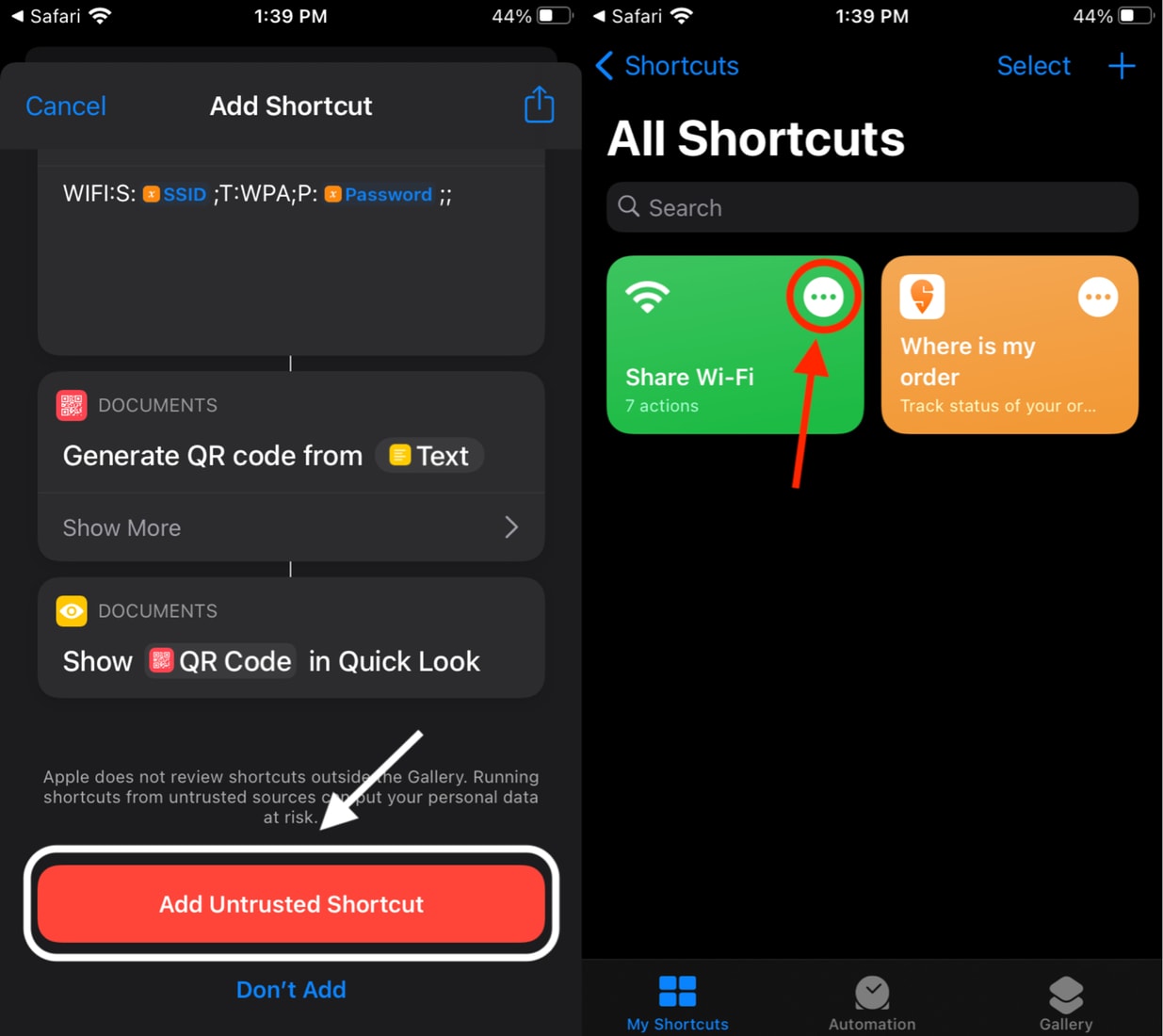 Add Untrusted Shortcut and Edit the Shortcut