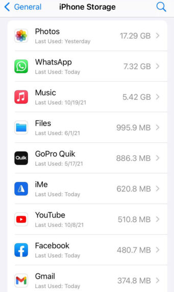 Storage Occupied by Each App