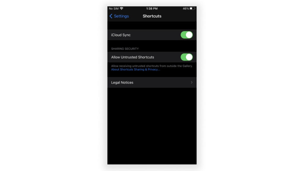 Enable Untrusted Shortcuts on iOS