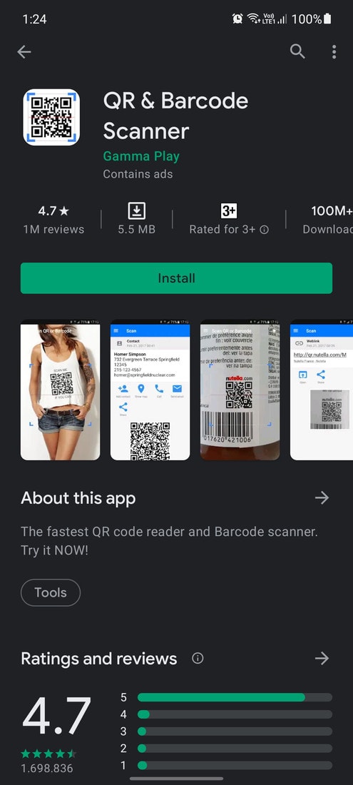 Download the QR & Barcode Scanner by Gamma Play from Play Store