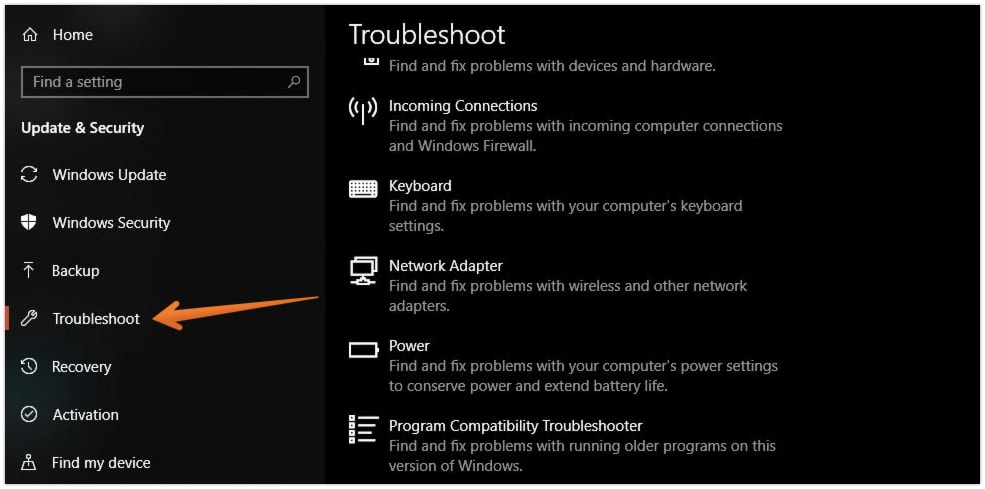 Choose Troubleshoot from Left Pane