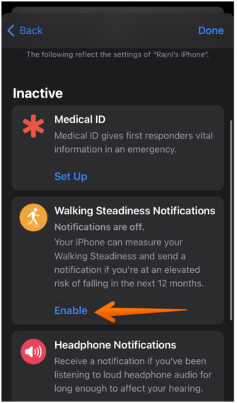 Tap on Enable Under Walking Steadiness Notifications
