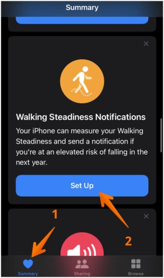 Click on Set Up under Walking Steadiness Notifications