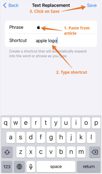Paste Apple Logo  and Type Shortcut Text