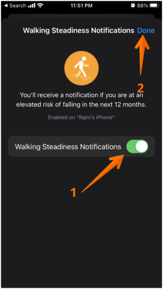 Turn on Walking Steadiness Notifications Toggle