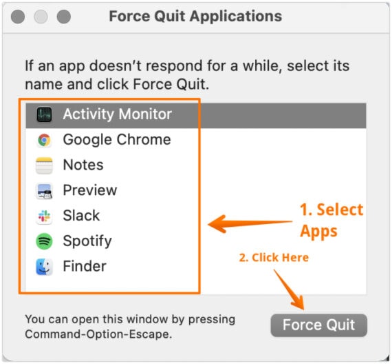 Select App and Click on Force Quit