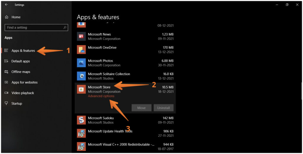 Click on Advanced Options under Microsoft Store