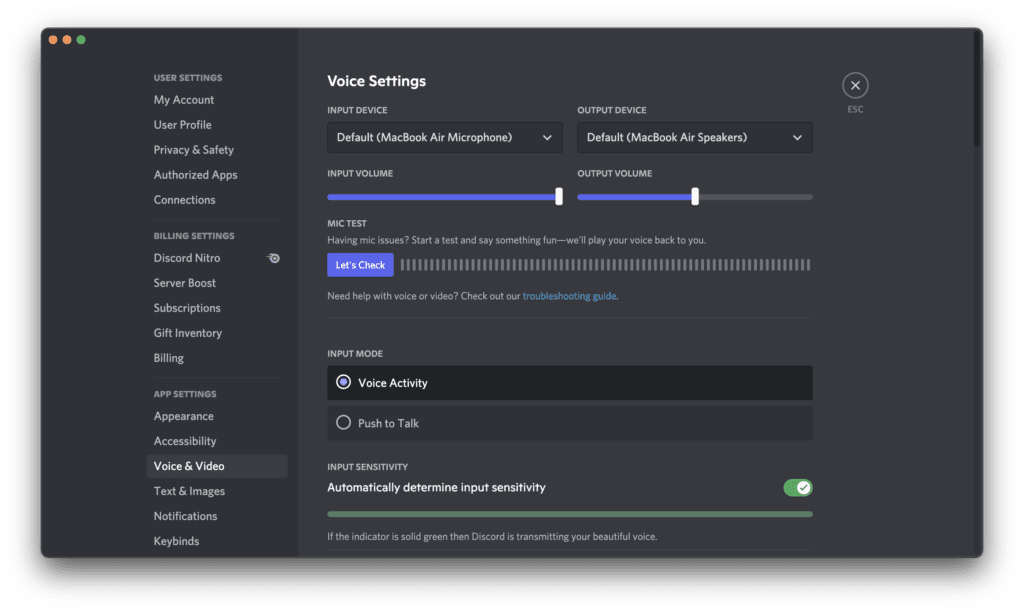 Discord app Audio Settings