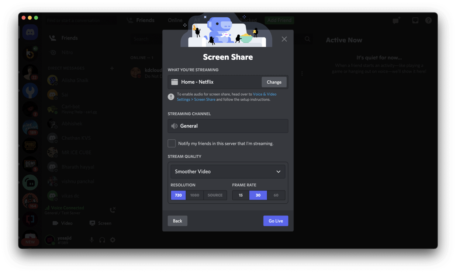 Screen share options on Discord to Stream Netflix