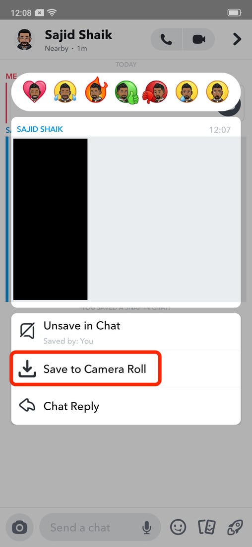 Save to Camera Roll after long pressing the saved video in chat
