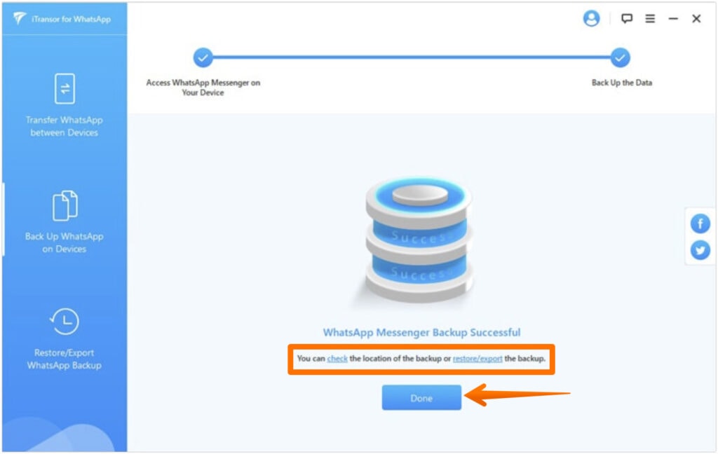 Backup Complete on iTransor for WhatsApp