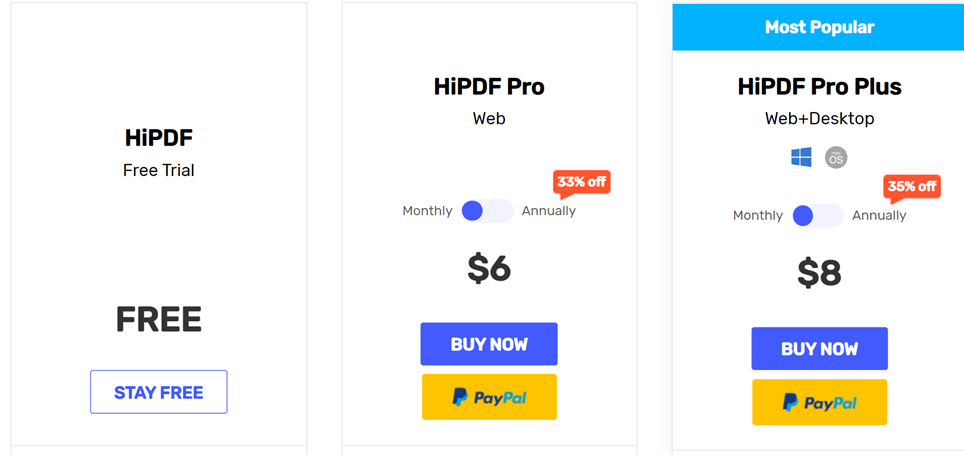 HiPDF Monthly Pricing