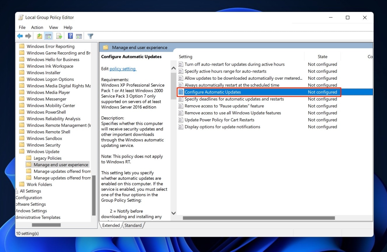 Configure Automatic Windows Updates from Group Policy Editor