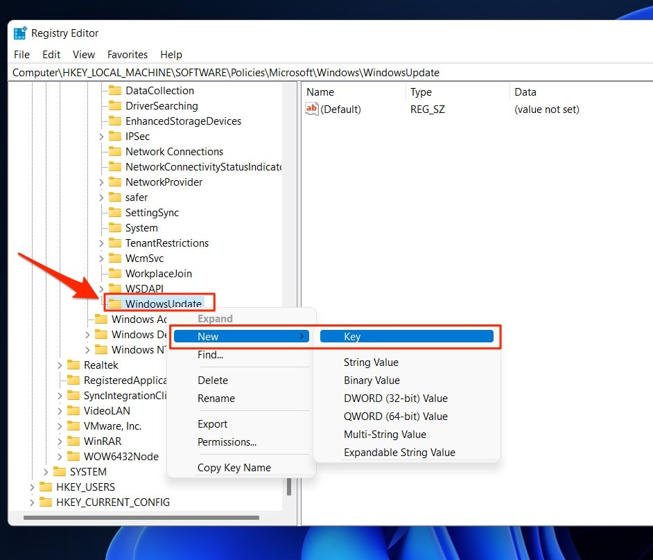 Create a new Key named AU inside the WindowsUpdate key in Registry Editor