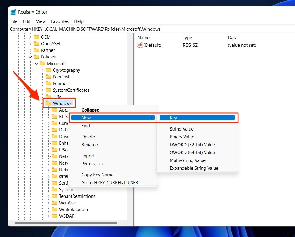 Create a new Key named WindowsUpdate inside the Windows folder in Registry Editor