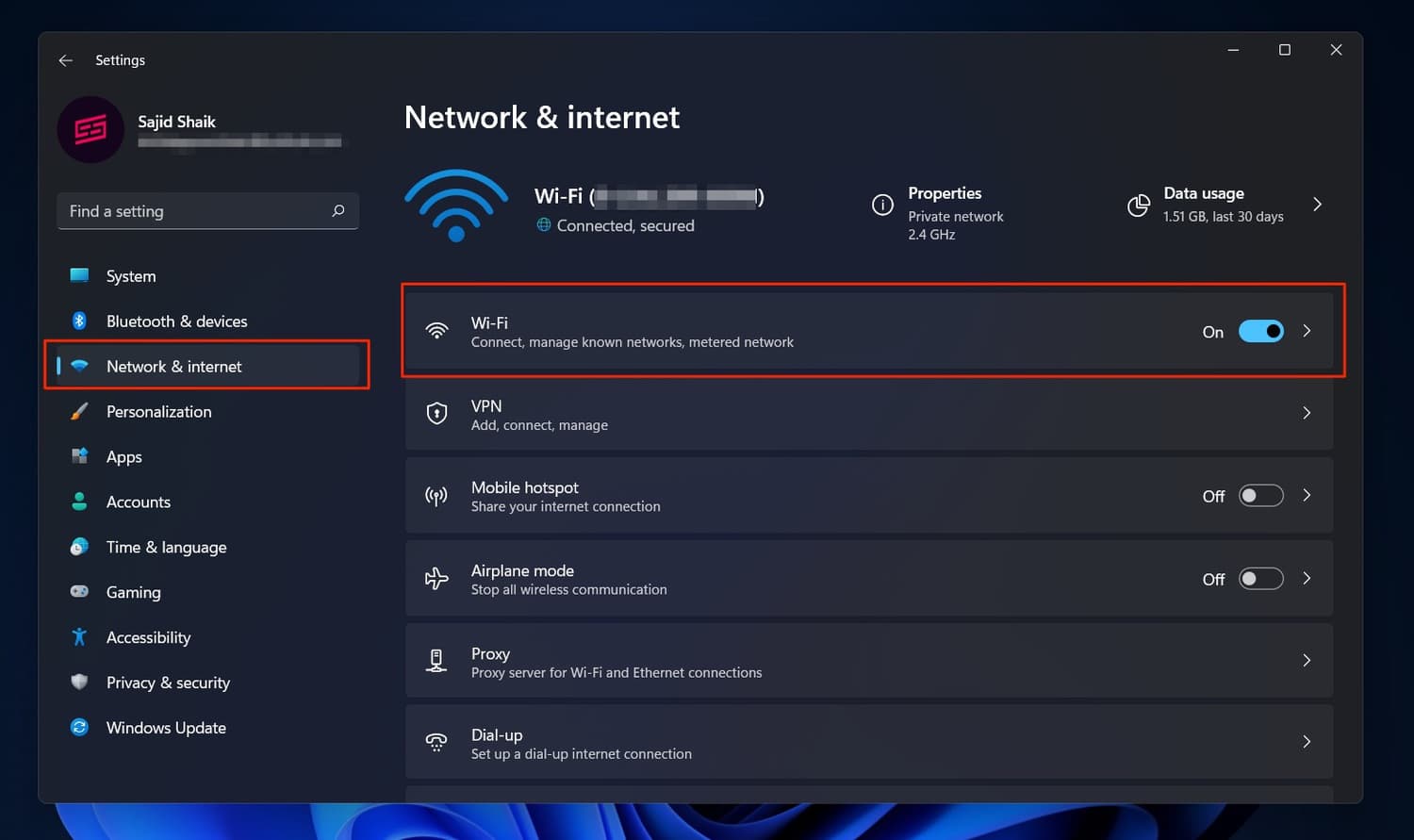 Network and Internet Settings in Windows 11